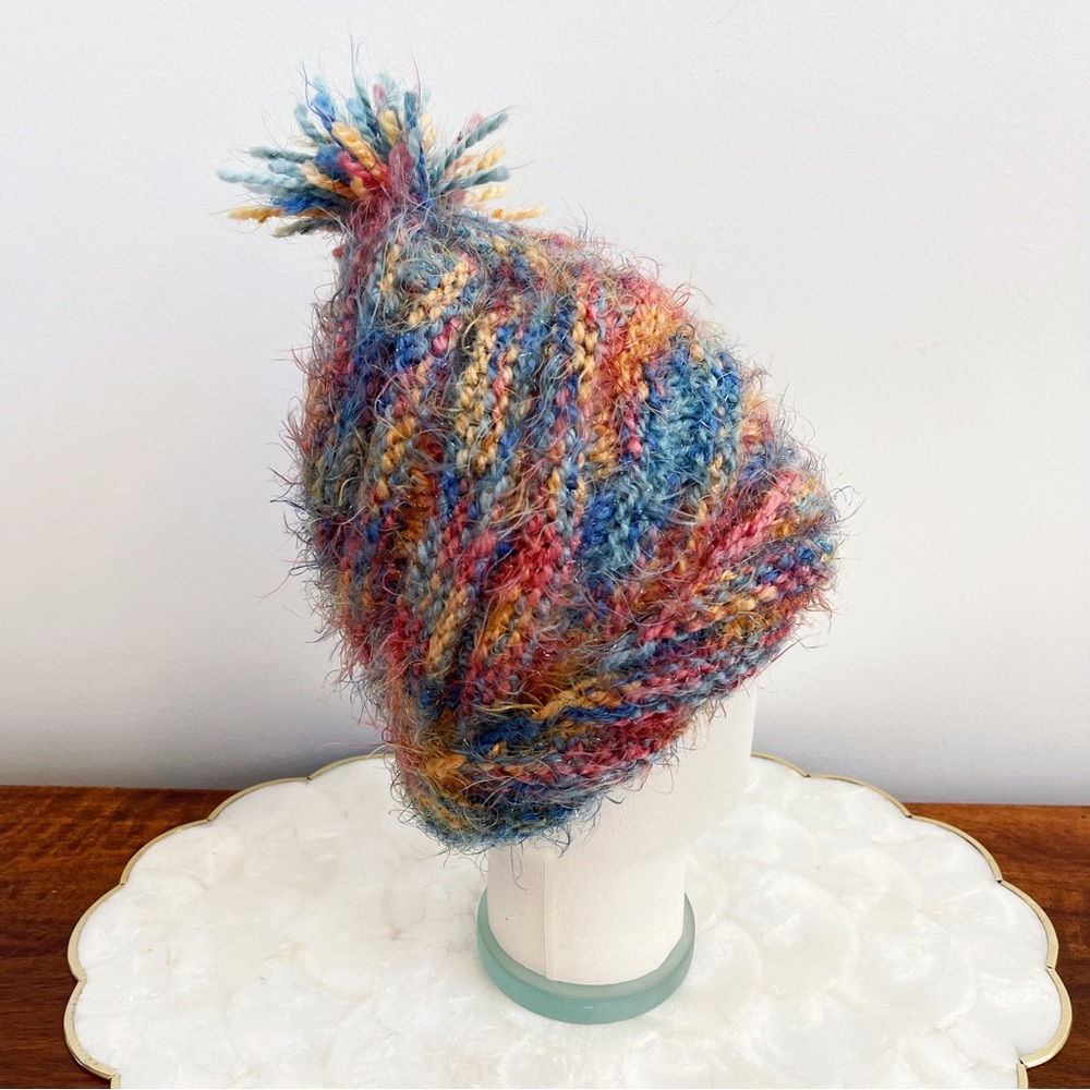 Handmade Rainbow Shimmer Knit Winter Pom Pom Hat OS NWOT
